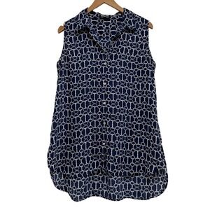 Roz & Ali Womens Large Navy Blue White Equestrian Bit Print Sleeveless Tunic Top